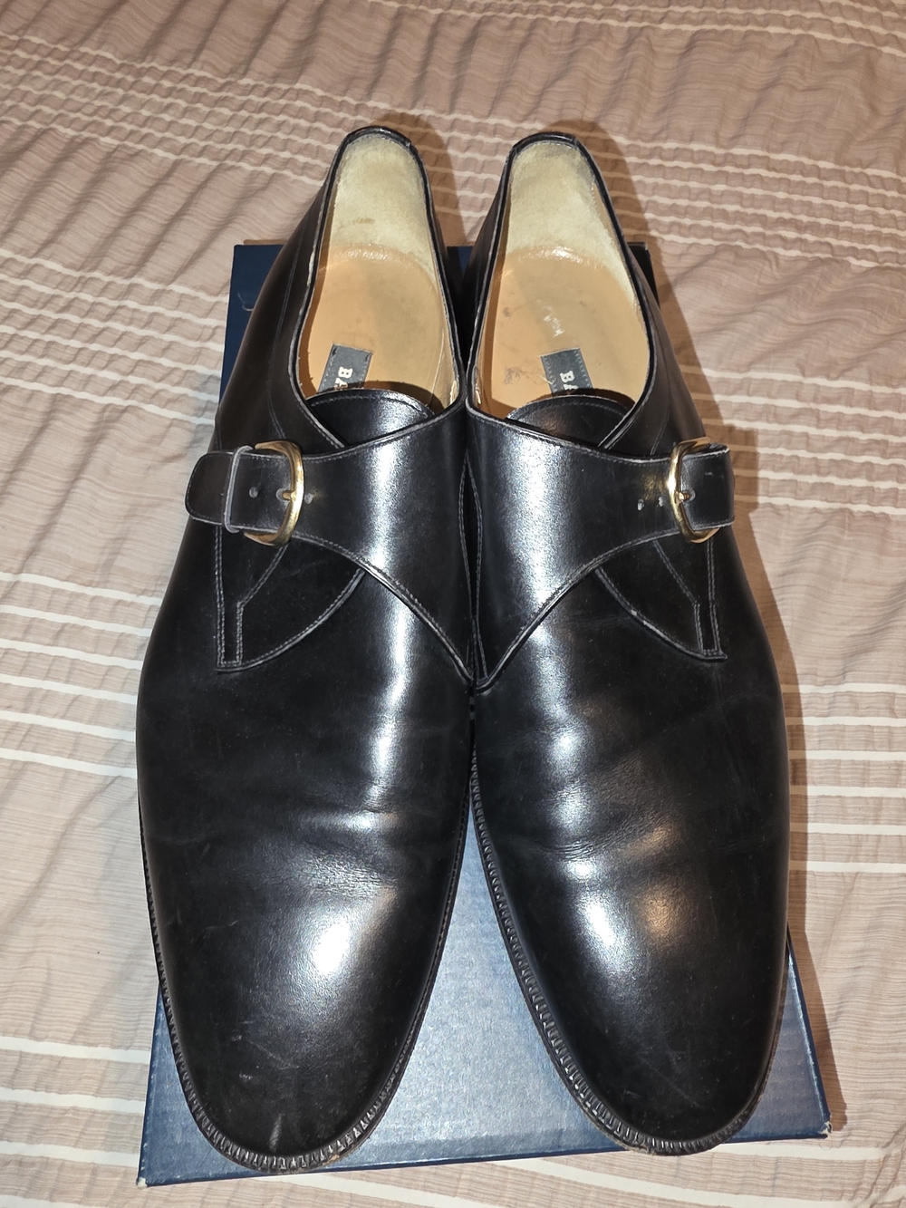 Bally Black Leather Single Monk Strap Dress Shoes with Gold Buckles